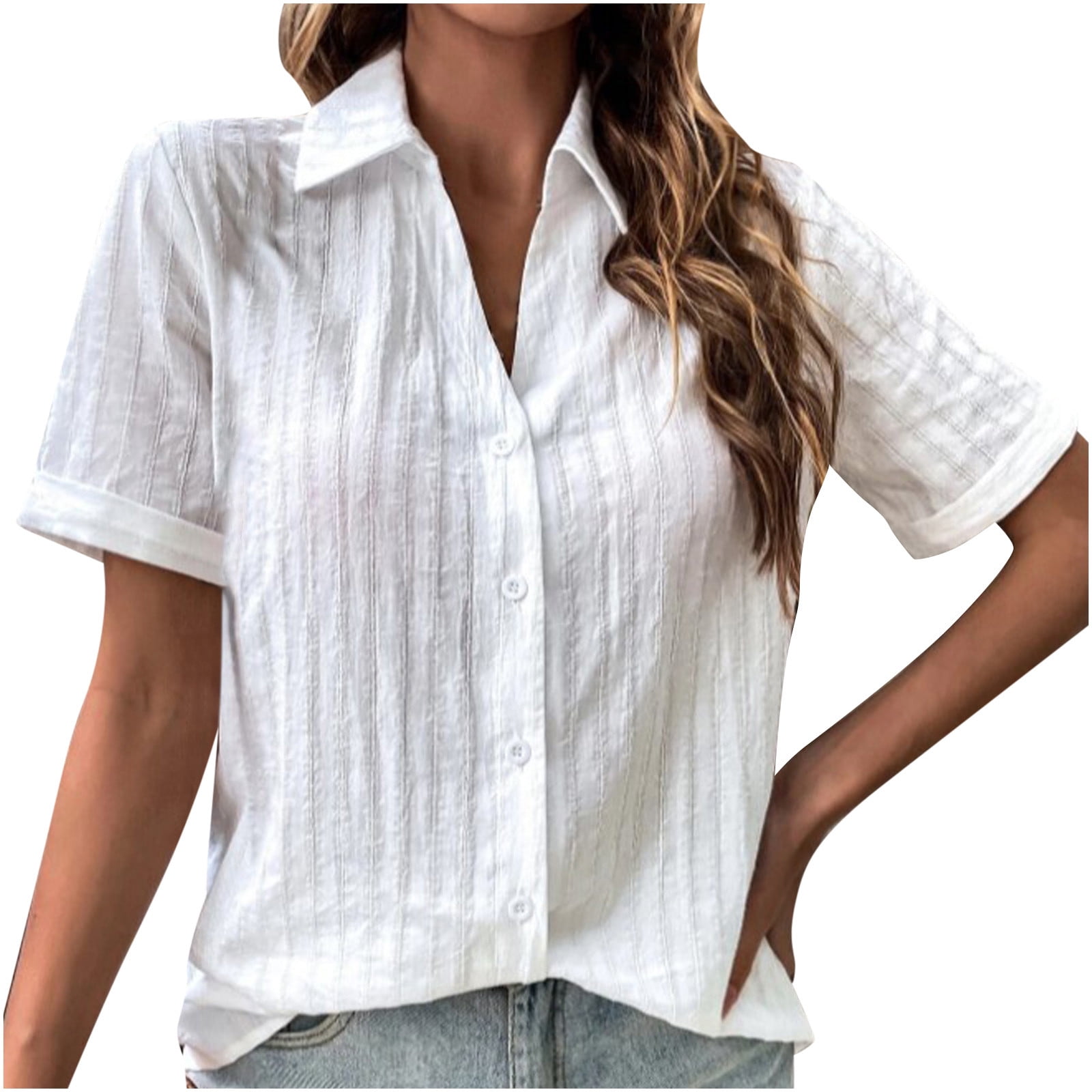 Ersazi Women Casual T-Shirt Solid Short Sleeve Turndown Collar Buttons Cardigan Blouse Tops In Clearance Womens Tops Plus Size White S